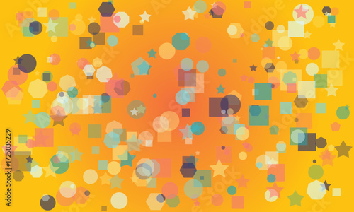 Scattered geometric shapes and stars with soft bokeh effect on orange gradient background abstract