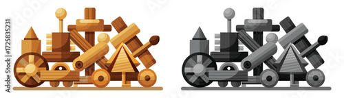 Isometric handcrafted wooden Catapult Toy with Colorful and Grayscale Options, block construction, medieval, siege weapon, and projectile illustration. 
