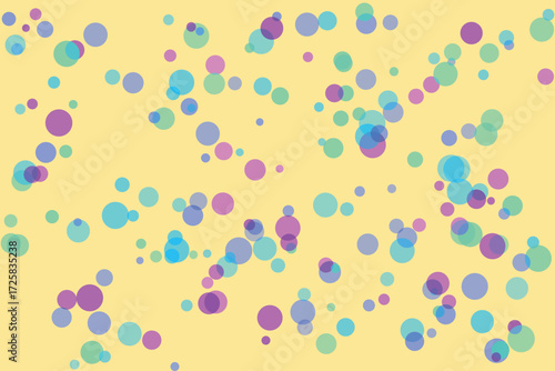 Scattered translucent circles in pastel blue purple and green on a pale yellow background abstract 1