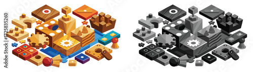 Handcrafted Wooden blocks and Game Pieces Arrangement With Color And Grayscale Versions. These vector pictograms of a block, blocks, blue, board game, building, child, children illustration. 