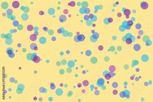Scattered translucent circles in pastel blue purple and green on a pale yellow background abstract 3
