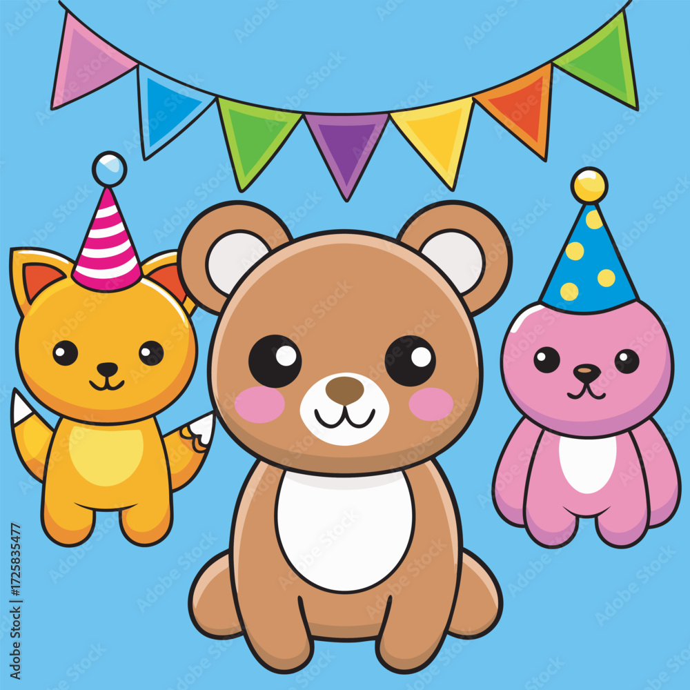 Obraz premium Cute cartoon animals celebrating a birthday party with colorful decorations