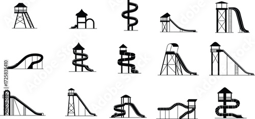 Water slide icons, amusement park design, recreational structure, spiral slide, tube slide, fun attraction, aqua park, playground element, adventure ride, entertainment illustration