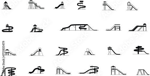 Playground slide icons, water park illustration, amusement design, recreational equipment, fun activity, outdoor play, spiral slide, tube slide, park structure, adventure element