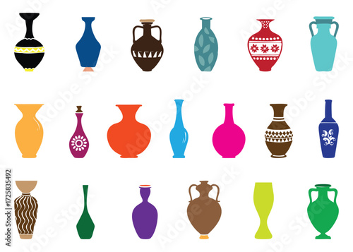 Collection of diverse decorative ceramic vases and pottery with various shapes colors and intricate patterns isolated on white background