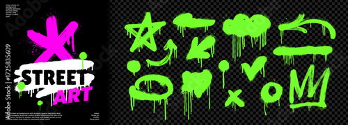Neon green spray paint shape set with acid splatter and toxic drip texture for urban design. Graffiti arrows, star, crown, oval and check marks.