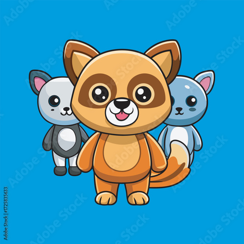 Cute cartoon raccoon standing with its friends on a bright blue background