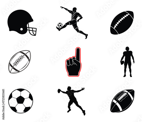 Collection of american football and soccer elements including helmets balls players and a foam finger icon