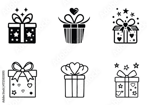 Collection of six hand drawn black and white gift boxes with ribbons and festive decorations for celebrations and holidays