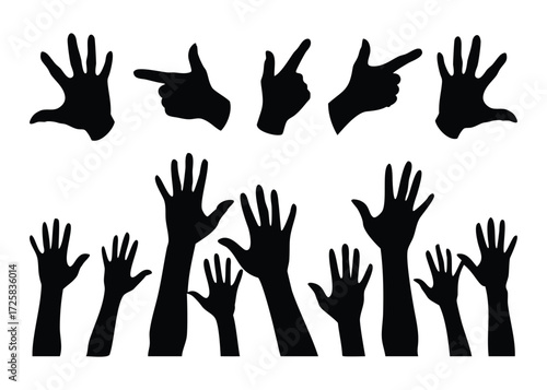 Collection of silhouette hands gesturing and reaching upward against a white background