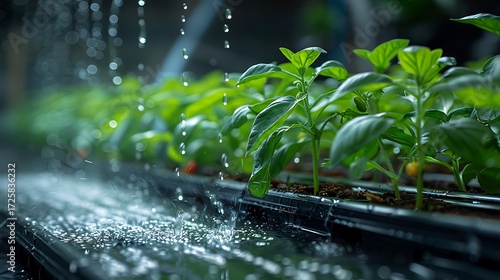 Nurturing young plants with automated irrigation for sustainable agriculture and food production in a modern greenhouse environment, promoting growth