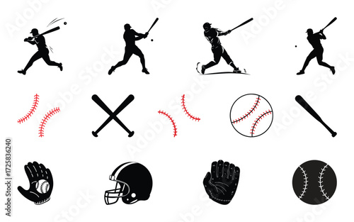 Collection of baseball icons and silhouettes depicting players equipment and game elements in a graphic style