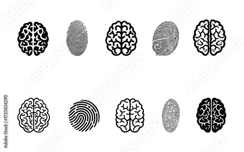 Abstract concept of identity and intelligence represented by stylized brain and fingerprint icons in black and white