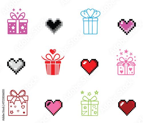 Collection of pixel art hearts and gift boxes in various colors and styles on a white background for design elements