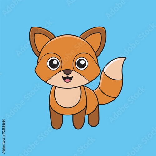 Adorable cartoon fox with a bushy tail standing on a blue background