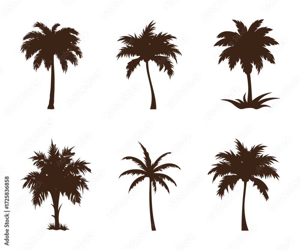 Naklejka premium Collection of six distinct dark brown silhouette palm trees with varied frond shapes and trunk styles isolated on a white background