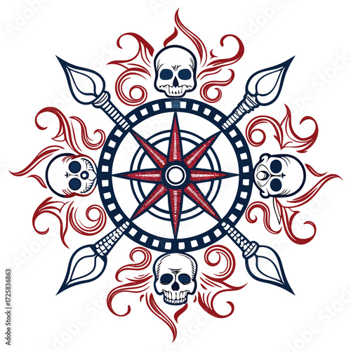 A nautical themed mandala with skulls spears and compass points creates a striking image of adventure and mortality isolated on white background