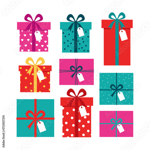 Nine beautifully wrapped gift boxes with ribbons and tags in assorted colors and patterns.