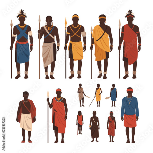 Illustrations of men in traditional African attire holding spears.