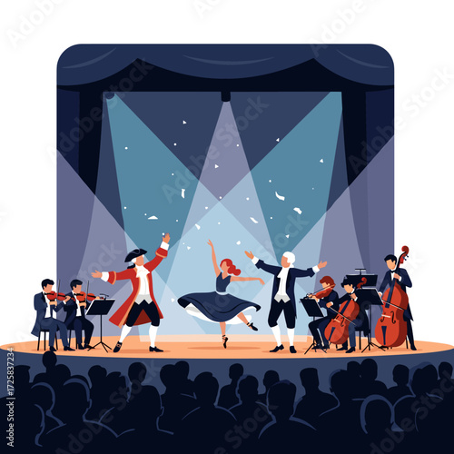 A lively classical music concert with dancers on a grand stage under bright spotlights captivating the audience below.