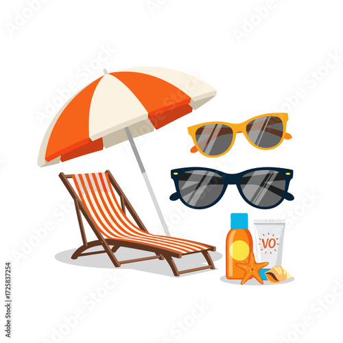 A relaxing beach chair with an umbrella sunglasses sunscreen and starfish.