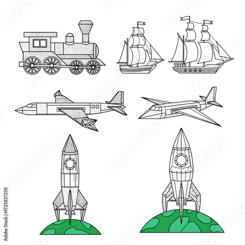 A collection of vintage transportation vehicles including steam trains sailing ships and aircraft.