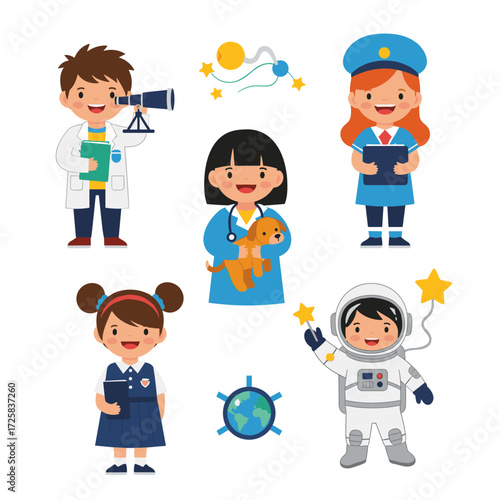 Children dressed as various professionals exploring different careers and vocations.