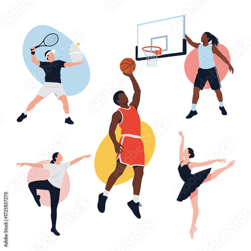 Diverse individuals engaging in various athletic and artistic pursuits representing health and wellness.