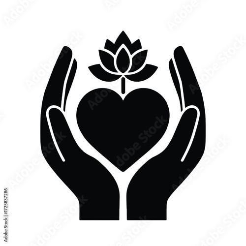 Black silhouette of hands holding a heart with a lotus flower