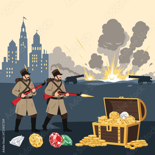 Soldiers guarding a treasure chest amid a battle with exploding cannons in the background.