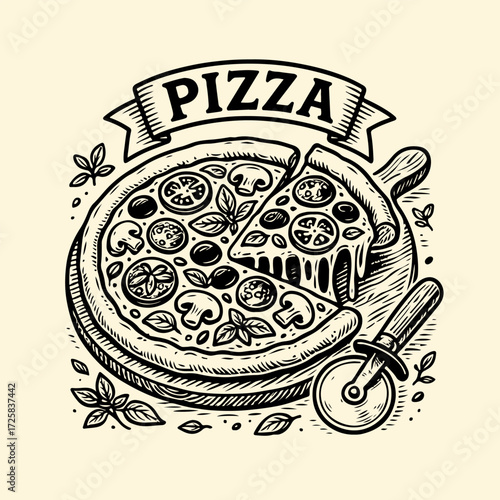 Detailed illustration showcases a pizza with a slice removed, resting on a wooden board, with a pizza cutter.