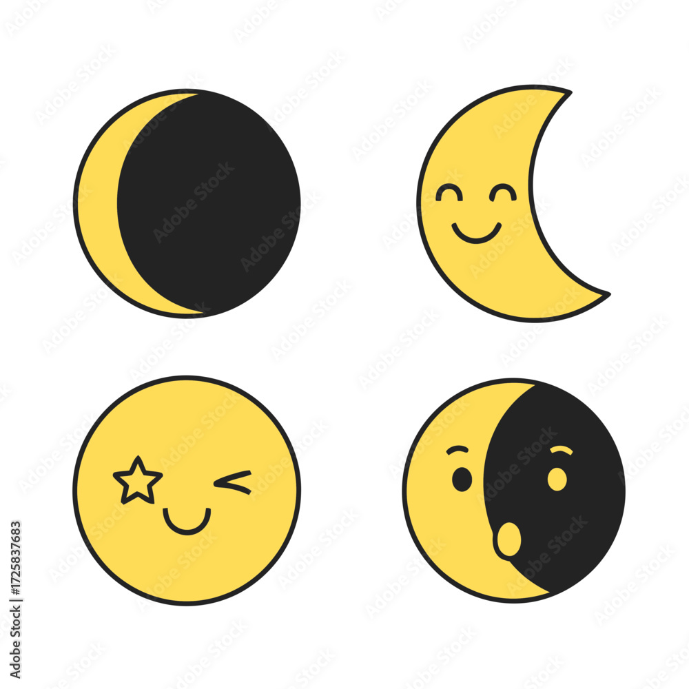 Fototapeta premium Whimsical Lunar Phases Cartoon Moons with Expressive Faces and Starry Wink