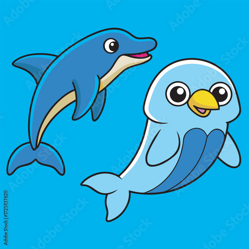 Two cartoon dolphins swimming side by side in the blue ocean water