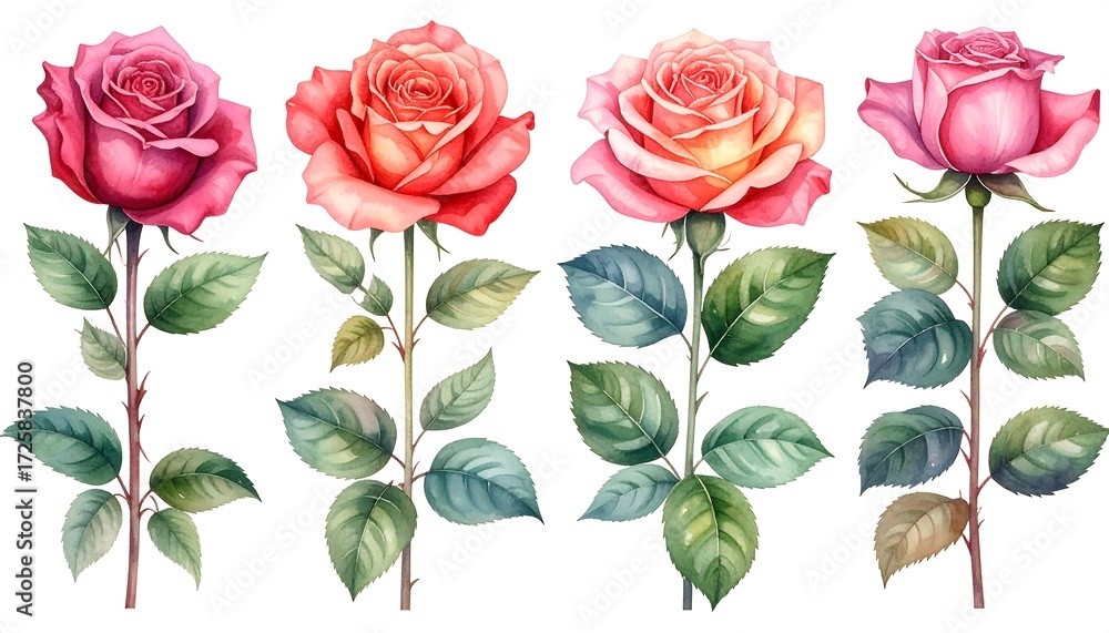 Naklejka premium Four watercolor roses with leaves
