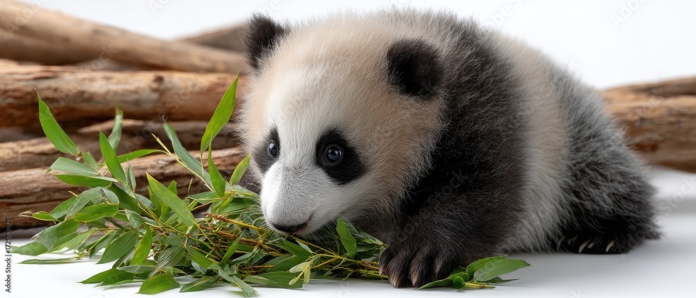 Fototapeta premium A young panda is relaxing with a bundle of bamboo, showcasing its playful nature amidst a lush environment