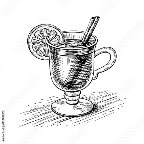Hot mulled wine with lemon slice in vintage sketch style
