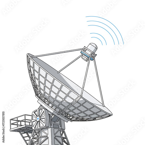 Detailed Illustration of a Large Radio Telescope with Emitting Waves