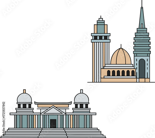 Architectural illustration featuring classical domed building and modern tower with spire, columns, staircase, and symmetrical design for landmark vector