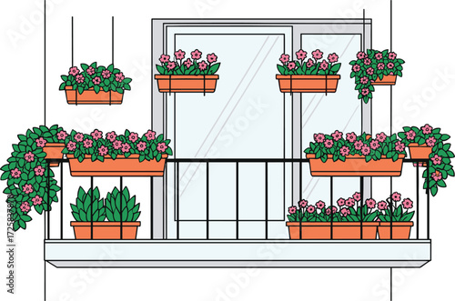 Balcony Garden with Hanging Flower Pots, Pink Blooms, Leafy Plants, Urban Outdoor Decor, Symmetrical Arrangement, Apartment Green Space Design