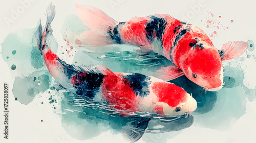 Watercolor koi fish pair circling in pale aqua wash, vibrant red and black pattern, tranquil aquatic scene, artistic style
