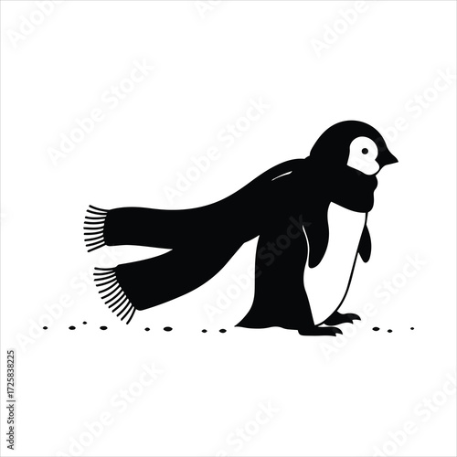 Charming penguin in a scarf cute antarctic bird winter scene snowfall footprints