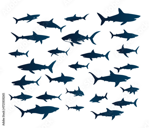 Collection of silhouetted sharks in various poses and sizes swimming in a deep blue ocean environment