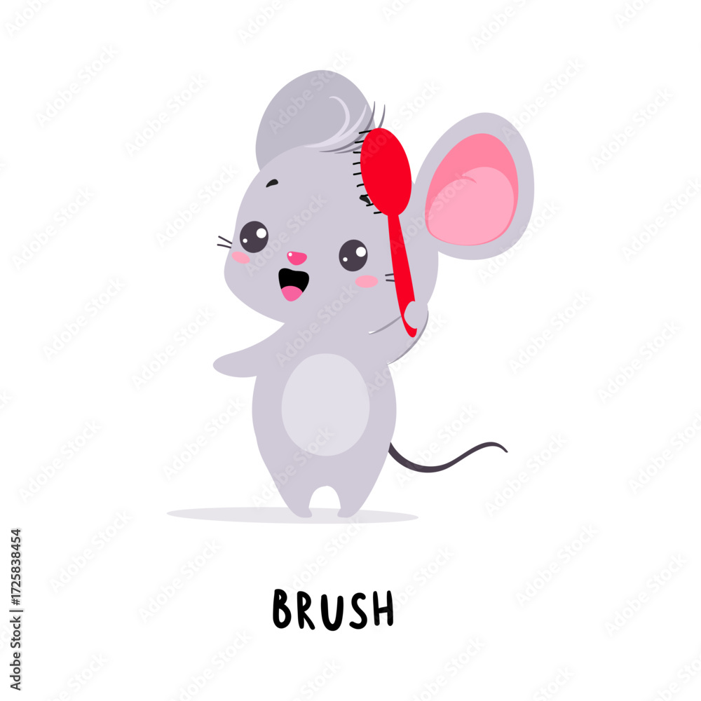 Fototapeta premium Little Mouse Brush Hair Demonstrating English Verbs for Educational Activity Vector Illustration