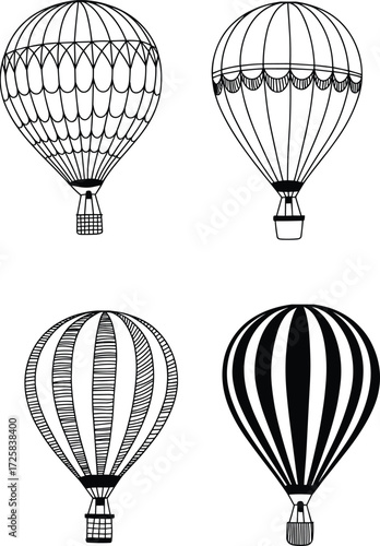 Black and white hot air balloon illustration, vintage airship drawing, striped balloon design, decorative aerostat artwork, retro travel sketch, engraving style