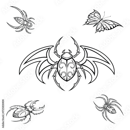 Intricate black and white tattoo design featuring a central scarab beetle surrounded by spiders and butterflies