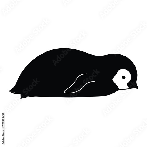 Cute baby penguin lying down tired and sleepy in a simple silhouette style