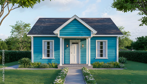 A charming small blue house with white trim and a gray shingle roof stands surrounded by lush greenery and hedges a neat flower lined pathway leads to the front door under a cozy porch