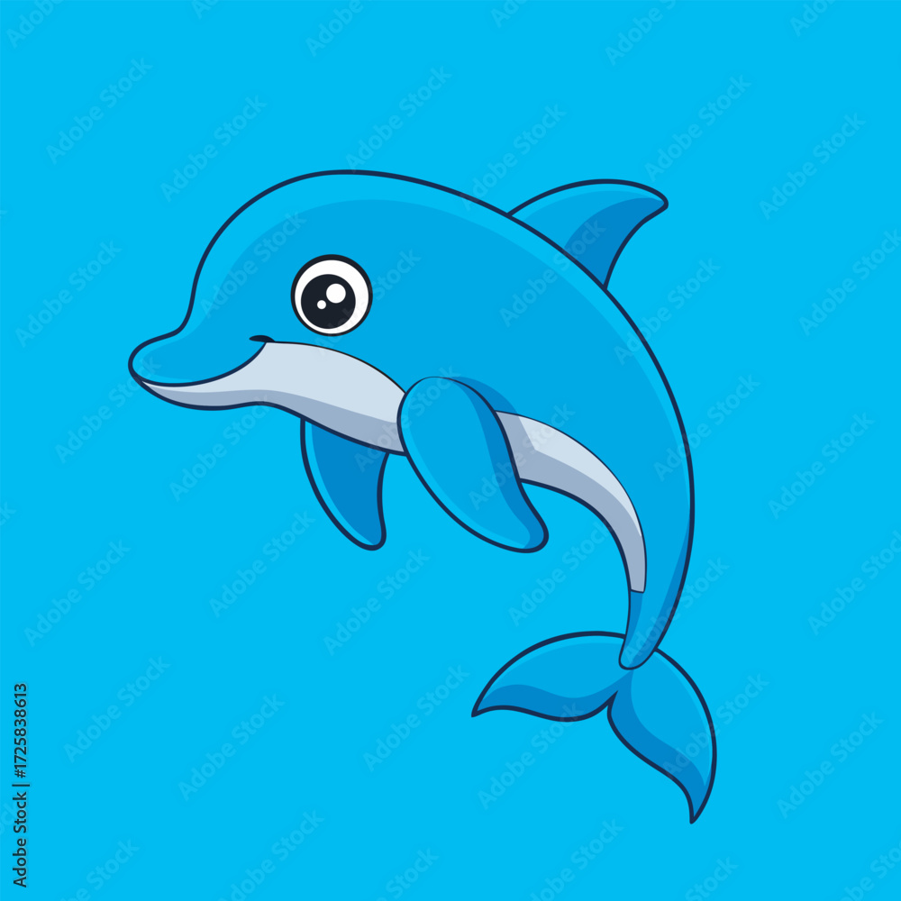 Obraz premium Cartoon illustration of a cute blue dolphin jumping on a light blue background