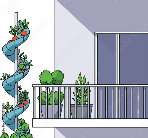 Modern balcony garden illustration with spiral vertical planter, potted plants, urban greenery, and efficient small space gardening vector design