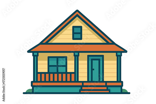 Vibrant illustrated yellow house with porch and green details farm house with porch
